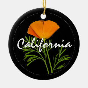Ornamento De Cerâmica California Poppy em preto com texto "California"
