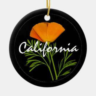 Ornamento De Cerâmica California Poppy em preto com texto "California"