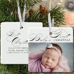 Ornamento De Cerâmica Caligrafia elegante de primeira foto de Natal do b<br><div class="desc">O primeiro desenho fotográfico de Natal do bebê que você pode personalizar com sua foto favorita e seu texto personalizado no verso. Design de tipografia elegante com o Primeiro Natal de Bebê em caligrafia suave e impressão clássico.</div>
