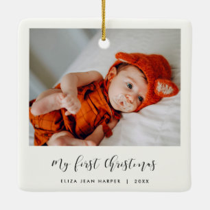 Ornamento De Cerâmica Caligrafia elegante Minha primeira foto de Natal