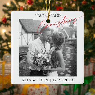 Ornamento De Cerâmica Caligrafia Primeiro Casada Foto de Natal Cerâmica