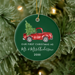 Ornamento De Cerâmica Caligrafia Sr. Sra. Primeiro Natal Caminhão Verde