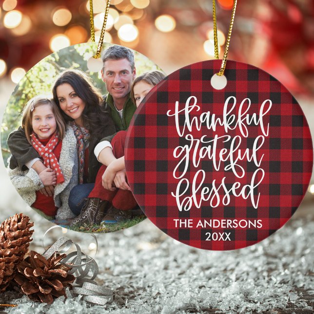 Ornamento De Cerâmica Calligraphy Thankful Grateful Blessed Plaid Photo (Customize to change your personalized text size or text style.)