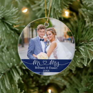 Ornamento De Cerâmica Calliografia Heart Mr e Sra. Wedding Photo Blue