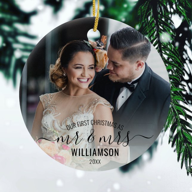 Ornamento De Cerâmica Calliografia Sr. & Sra. | 2 Fotografias Natal Para (Criador carregado)