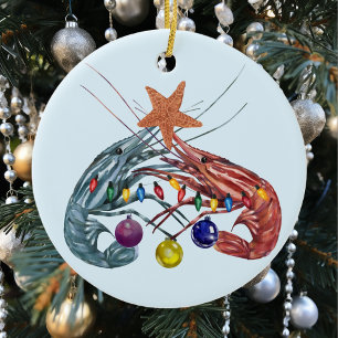 Ornamento De Cerâmica Camarão de Aquarela Natal Crustaceano