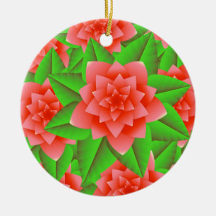 Ornamento De Cerâmica Camellias de Coral Laranja e Folhas Verdes