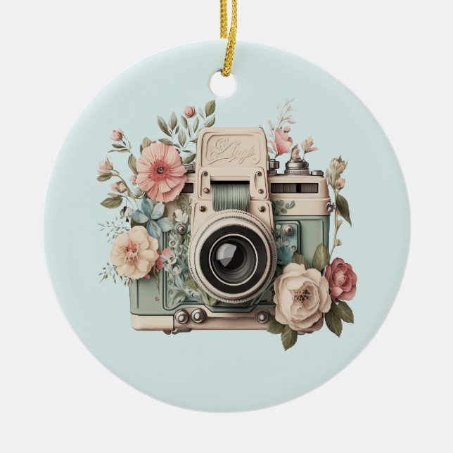 Ornamento De Cerâmica Câmera com Flores Pastel Retro (Frente)