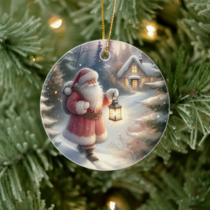 Ornamento De Cerâmica Caminhada da Lanterna de Papai Noel Cena da Cabana