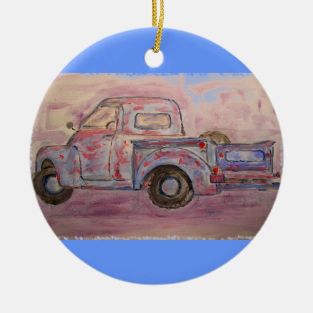 Ornamento De Cerâmica caminhão antigo azul patina (Frente)