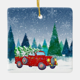 Ornamento De Cerâmica Caminhão com Árvore de Natal na Fazenda de Natal