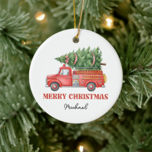Ornamento De Cerâmica Caminhão de Bombeiros Natal em Aquarela