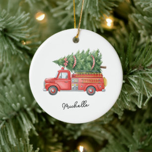 Ornamento De Cerâmica Caminhão de Bombeiros Personalizado de Natal