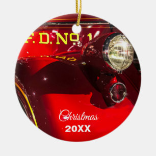 Ornamento De Cerâmica Caminhão de Fogo Vermelho e Cromo Vintage