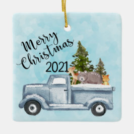 Ornamento De Cerâmica Caminhão de Natal com Pinheiros e Animais Floresta
