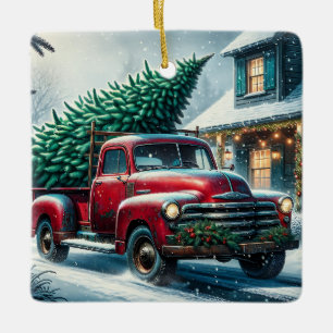 Ornamento De Cerâmica Caminhão de Vintage com Árvore de Natal Personaliz