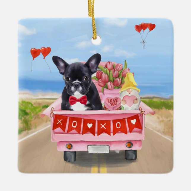 Ornamento De Cerâmica Caminhão Dia de os namorados do Buldogue Francês (Frente)