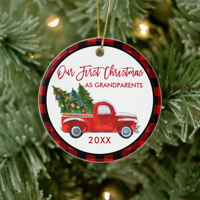 Ornamento De Cerâmica Caminhão Primeiro Natal como Avós Xadrez Vermelha (Árvore)