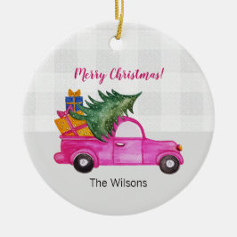 Ornamento De Cerâmica Caminhão Rosa de Natal Fofo Com Árvore e Desejos