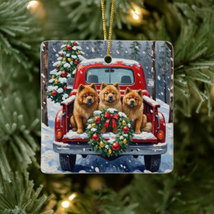 Ornamento De Cerâmica Caminhão Vermelho de Natal Chow Chow Feriado