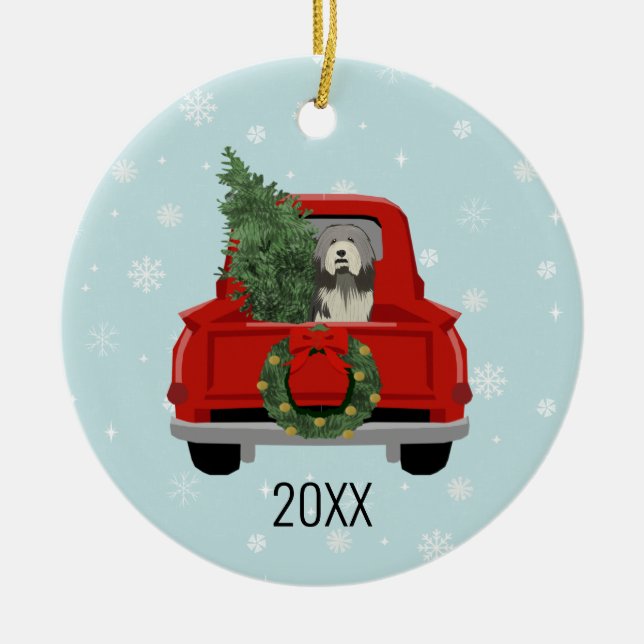 Ornamento De Cerâmica Caminhão vermelho de natal Collie (Frente)