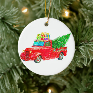 Ornamento De Cerâmica Caminhão vermelho de Natal com árvore de Natal e p
