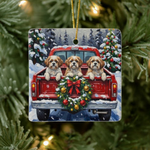 Ornamento De Cerâmica Caminhão Vermelho de Natal Shih Tzu Festa