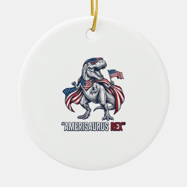 Ornamento De Cerâmica Camisa branca com design patriótico de T-Rex Ameri (Frente)