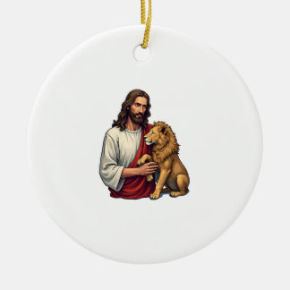 Ornamento De Cerâmica Camisa Da Fé Com Jesus Gravado Leão E Cordeiro 2