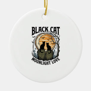 Ornamento De Cerâmica Camisa de Halloween de Gato Preto Vintage Lua Cemi