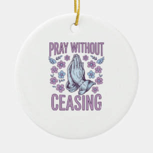 Ornamento De Cerâmica Camisa de Mãos em Oração Floral Reze Sem Cessar_1