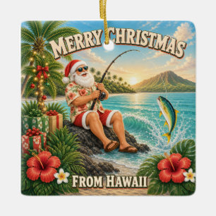 Ornamento De Cerâmica Camisa de Natal do Papai Noel Pescando no Havaí