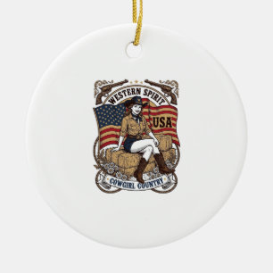 Ornamento De Cerâmica Camisa Patriótica Vintage Western Cowgirl Design_1