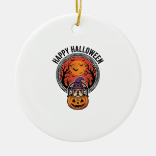 Ornamento De Cerâmica Camisa Vintage de Halloween Feliz Bulldog Bruxa Ab
