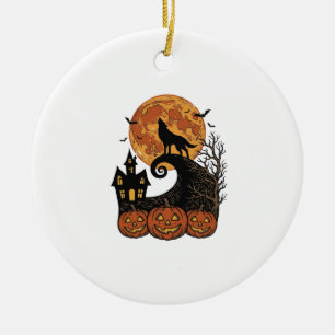 Ornamento De Cerâmica Camisa Vintage de Halloween Lobo Lua Abóbora Desig