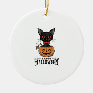 Ornamento De Cerâmica Camisa Vintage Halloween Gato Preto Abóbora Design