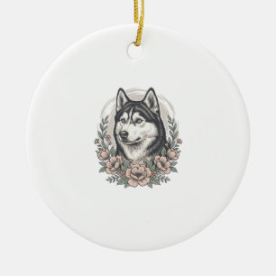 Ornamento De Cerâmica Camisa Vintage Husky Floral Portrait Design_1