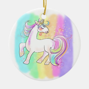 Ornamento De Cerâmica camiseta de unicórnio rosa em fundo de arco-íris