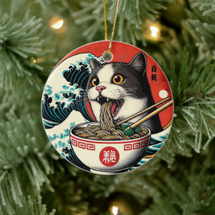 Ornamento De Cerâmica Camiseta Estilo Vintage de Arte Japonês Cat Ramen