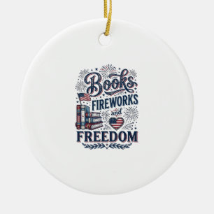 Ornamento De Cerâmica Camiseta Leitor Patriótico Livros Fogos de Artifíc