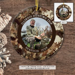 Ornamento De Cerâmica Camouflage Hunter One Foto Personalizada<br><div class="desc">O ornamento da camuflagem castanha personalizado com sua foto e texto personalizado. A amostra comemora uma foto de caça de caçador, mas o texto é editável para suas necessidades. O design é duplicado no verso. Ideal para fotos ao ar livre, como acampar, caminhar, etc., também. ALTERAÇÕES: O estilo, o tamanho,...</div>