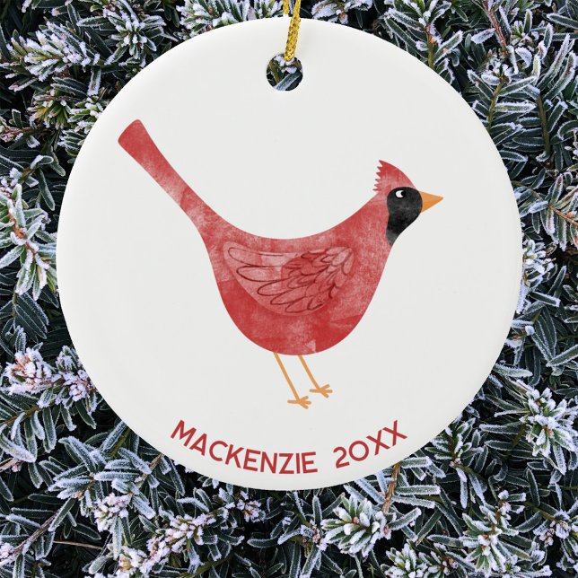 Ornamento De Cerâmica Campanha Personalizada para a Aquarela Cardinal Fe (Fun Cardinal bird red and white watercolor personalized name and year ceramic Christmas ornament)