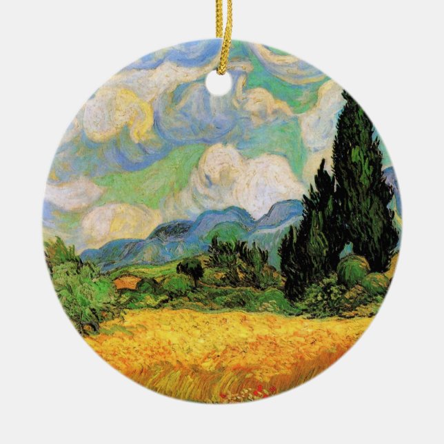Ornamento De Cerâmica Campo de trigo Van Gogh com ciprestes na Haute Gal (Frente)