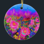 Ornamento De Cerâmica campos de girassol cor-de-abstrato, flores retrógr<br><div class="desc">Cor de água romântica original rosa e campos de girassol roxo pintados por H Cooper - flare vintage! Volta do ornamento personalizável!</div>