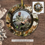Ornamento De Cerâmica Camuflagem Caça Uma Foto Personalizada<br><div class="desc">Ornamento de camuflagem castanho e verde personalizado com sua foto e texto personalizado. A amostra comemora uma foto de caça de caçador, mas o texto é editável para suas necessidades. O design é duplicado no verso. Ideal para fotos ao ar livre, como acampar, caminhar, etc., também. ALTERAÇÕES: O estilo, o...</div>