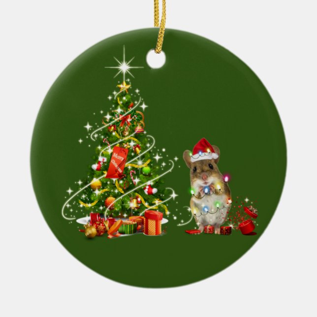 Ornamento De Cerâmica Camundongos com luzes de chapéu Natal (Frente)