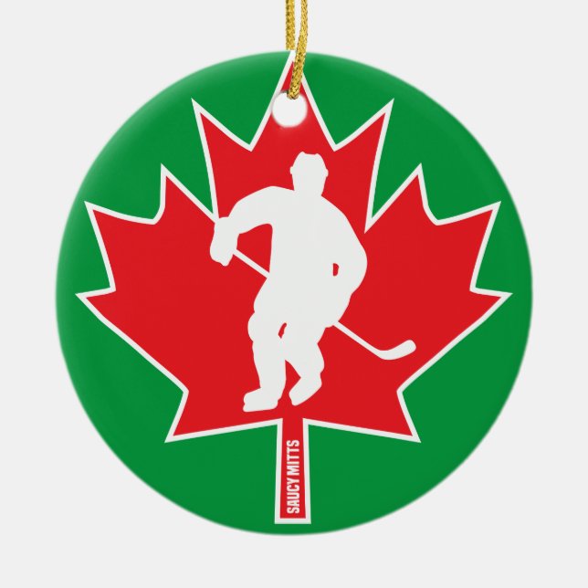 Ornamento De Cerâmica Canadá: Natal do jogador canadense de hóquei (Frente)