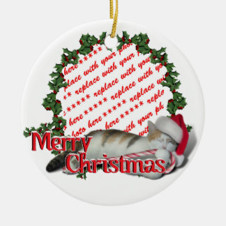 Ornamento De Cerâmica Candy Cane Cat Foto de Natal