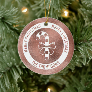 Ornamento De Cerâmica Candy Cane - Folha Rosa Dourada Faux (Folha Não Re