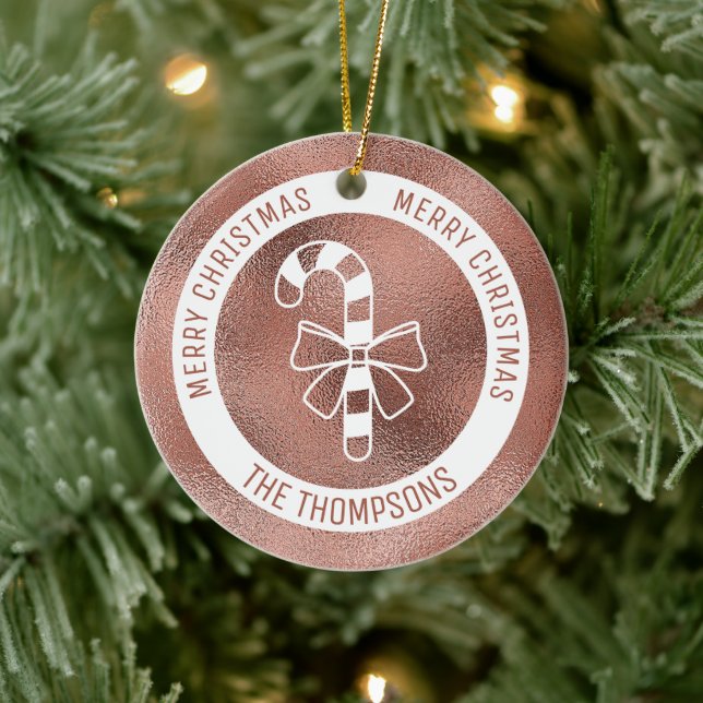 Ornamento De Cerâmica Candy Cane - Folha Rosa Dourada Faux (Folha Não Re (Árvore)